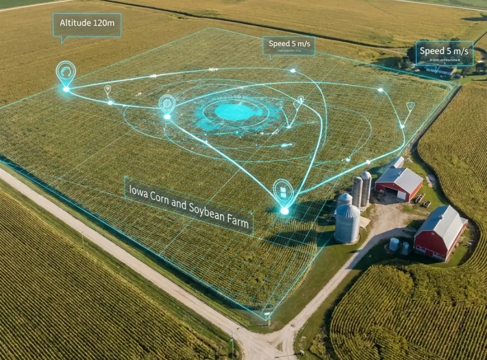 Aerial view of a mapped field with flight path